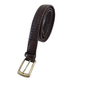 Brown Braided Leather Belt with Gold Tone Buckle Classic Woven Style